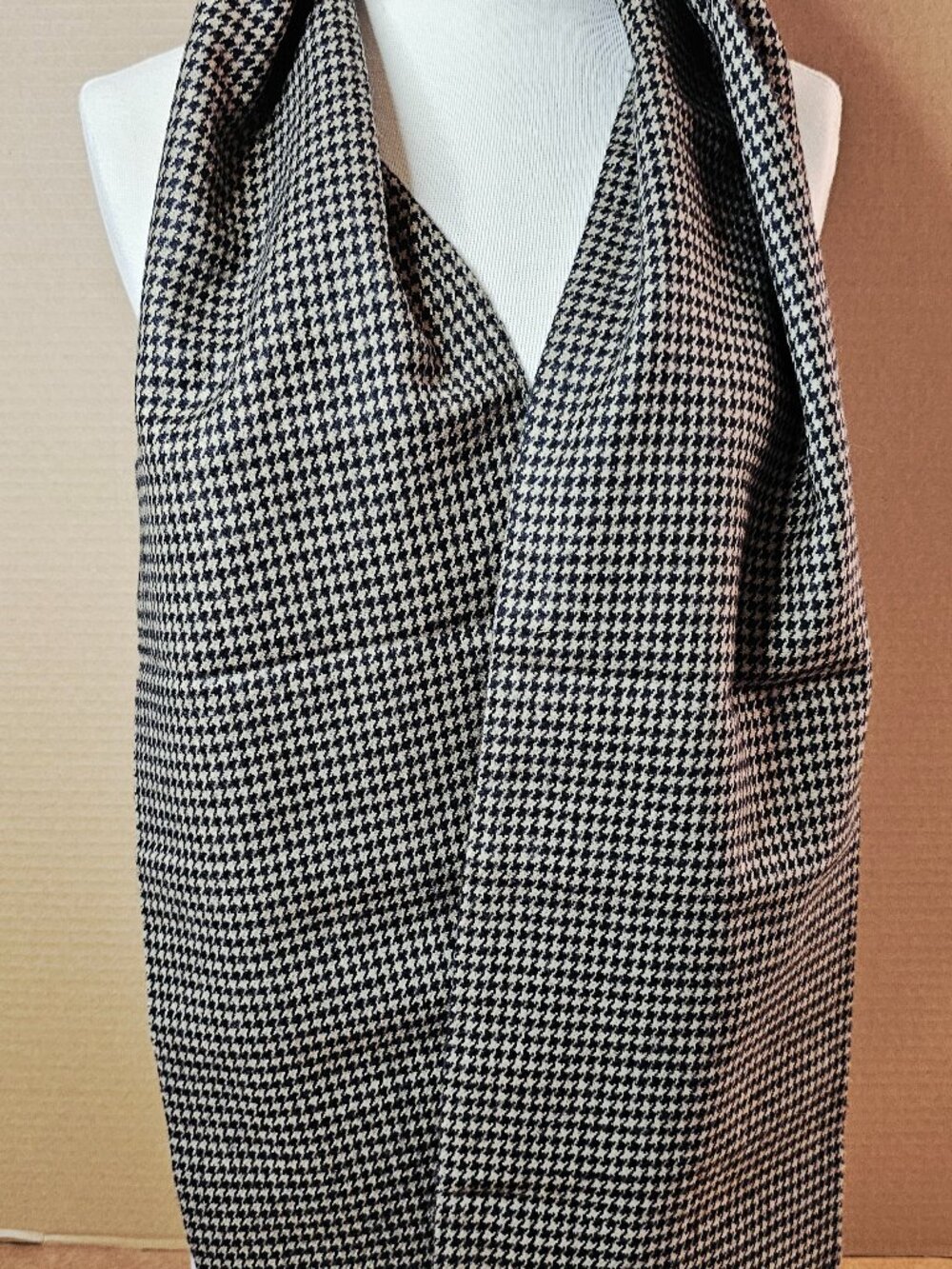 Vintage Wool Houndstooth Scarf - Classic Black & Gray - 58"